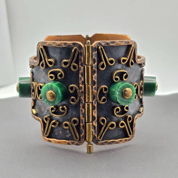 VTG Casa Maya Brutalist Copper & Malachite 2" Wide Cuff Bracelet 7" Mexico 99.8g - Picture 10 of 15